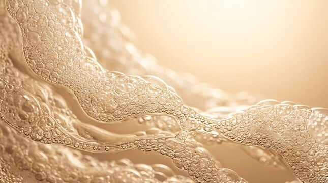 Golden foam bubbles swirling across a warm luminous liquid background with soft lighting gold background liquid surface soap bubbles soft glow