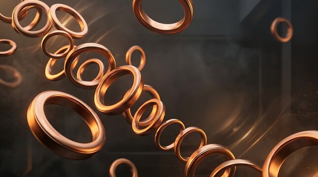 Floating copper rings forming a dynamic diagonal pattern against a dark background with floating circles metallic objects bronze loops floating