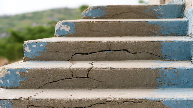 Close-up view of old damaged concrete stairs with large cracks and peeling blue paint outdoors during daylight with a nature background