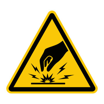 Yellow triangular warning sign for static electricity featuring a hand touching a sparking surface ideal for safety and industrial applications