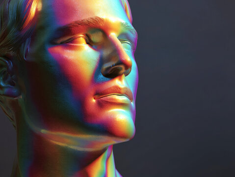 Digital art design. Futuristic human face illuminated with rainbow colors represents creative technology, digital identity, diversity and modern visual culture.