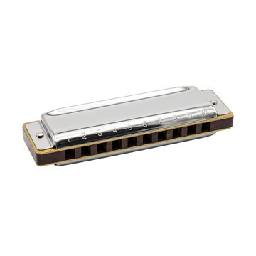 Shiny silver harmonica rests perfectly horizontal against deep dark black studio background setting