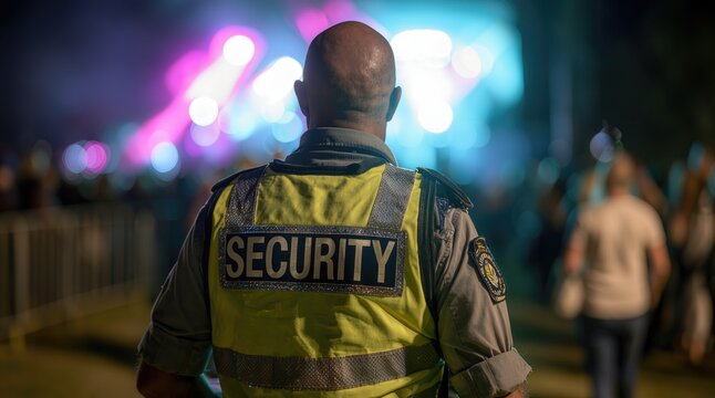 Event security, security guard monitors a crowded concert venue and controls public access during a live entertainment event at night.