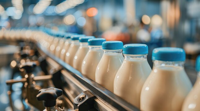Dairy production, bottled milk moves along an automated conveyor line during filling and packaging at a modern food processing factory.
