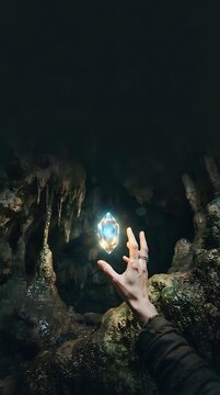 Hand holding glowing crystal orb in dark cave with stalactites