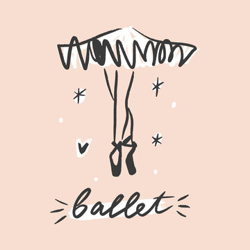 Lettering brush sketch ballet tutu skirt ballerina legs pointe shoes calligraphy lettering vector illustration balletcore hand drawn print clip art design element
