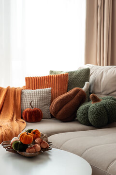 Cozy Autumn Home Decor with Plush Pumpkins and Textured Pillows on Sofa
