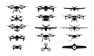 Fototapeta premium Collection of various drone silhouettes and unmanned aerial vehicle icons for technology and surveillance design