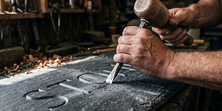Stone mason carving large letters into dark slate slab with a chisel and wooden mallet in a dusty workshop filled with professional tools.