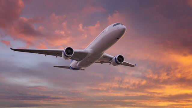 Commercial airplane climbing through a colorful sunset sky with pink, orange, and purple clouds, featuring two engines and passenger windows.