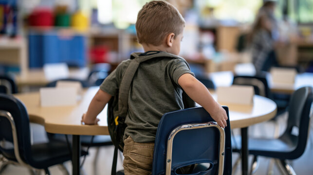 Young child with backpack holding a chair in a kindergarten classroom with blank name cards on tables during the first day of school