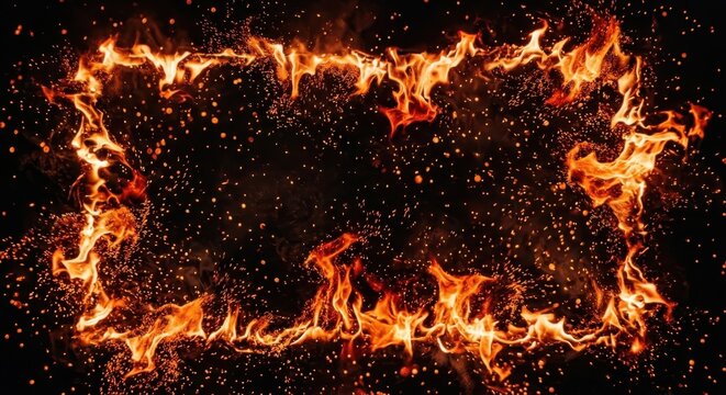 Abstract blazing fire flames border with glowing sparks on dark background, dramatic heat and energy backdrop.