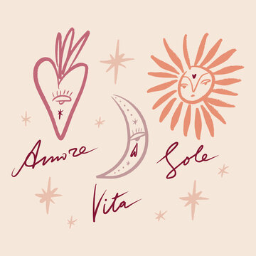 Magic cute celestial sun face crescent moon heart eye star amore vita sole lettering hand drawn vector illustration clip art set