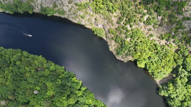 Above Shot of Vyhlidka Maj during Summer Season in Central Bohemia. Drone Rotation of Beautiful Nature with Vltava River during Sunny Day in Czech Republic.