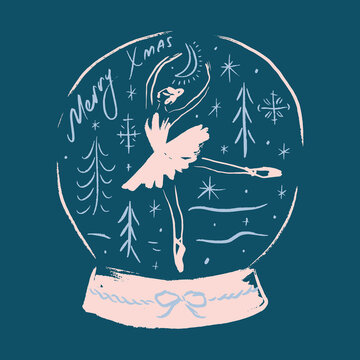 Merry Christmas glass ball with a ballerina dancing in the snow. New Year gift artisanal globe xmas lettering vector illustration dancer winter snowflakes balletcore and coquettecore hand drawn print 