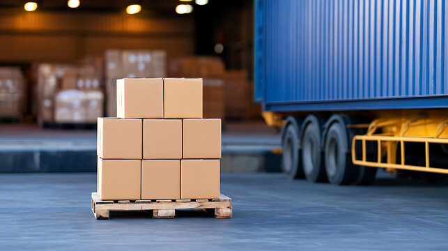 Cardboard boxes stacked neatly on wooden pallet outside distribution warehouse next to large freight truck ready for transport and delivery