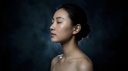 Fototapeta premium Young East Asian woman with bare shoulders in profile, eyes closed