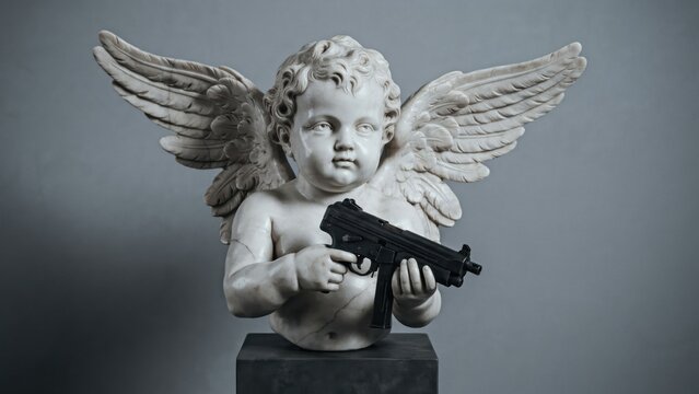 Classical cherub statue holding modern submachine gun, white marble cupid sculpture with weapon, provocative art piece on grey background