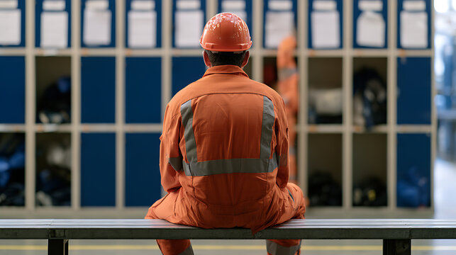 Industrial worker sit on bench in locker room wear orange coverall and hard hat look forward in factory facility for labor safety concept