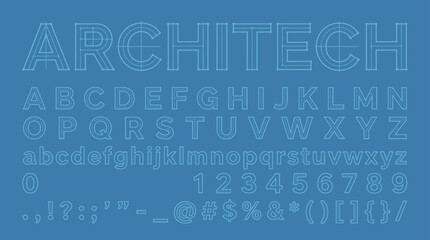 Blueprint ARCHITECH font alphabet numbers and symbols on blue background Architectural typography design © Aini