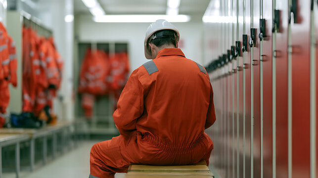 Industrial worker wear orange coverall and safety hard hat sit alone in locker room facility at manufacturing plant, back view photo