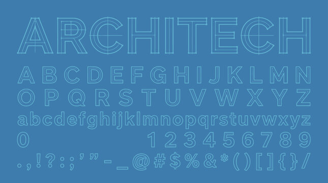 Blueprint ARCHITECH font alphabet numbers and symbols on blue background Architectural typography design
