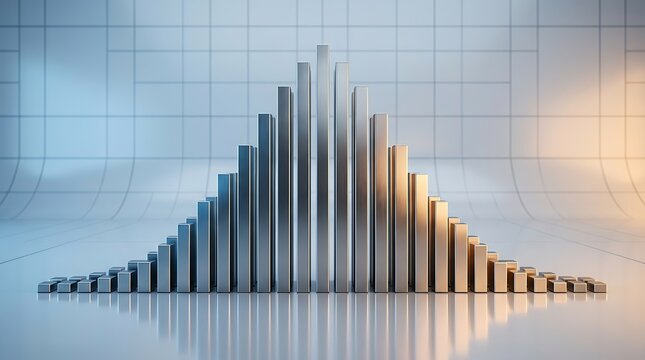 3d render of a bell curve distribution represented by metallic bars