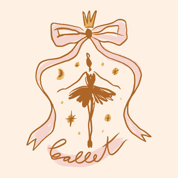 Ballerina princess crown bow ribbon dancer ballet calligraphy lettering, vector illustration balletcore hand drawn print clip art design element