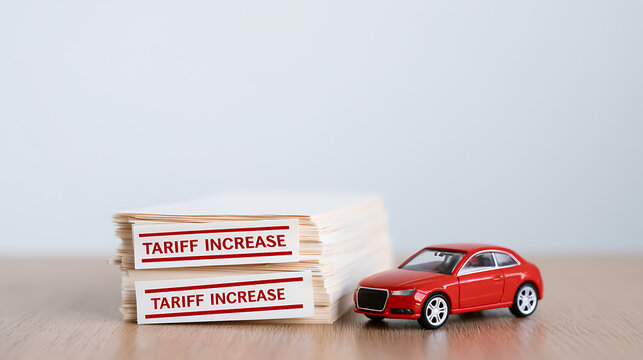 A small red toy car model next to a stack of paper sheets with labels about tariff increase, representing global trade policy changes