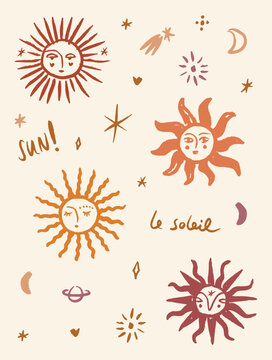 Cute doodle childish boho-chic artisanal celestial sun faces vector set, mystical boho star moon planet le soleil face hand drawn space clipart collection bundle