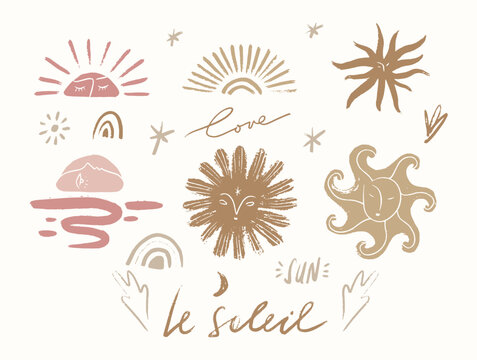 Artisanal pastel boho-chic sun faces vector set celestial le soleil lettering, star moon mystical face rainbow hand drawn space clipart collection childish bundle.