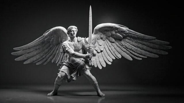 Dramatic archangel statue with sword and wings, marble angel sculpture in black and white, celestial warrior monument for religious art
