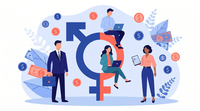 Business people stand near large gender symbols with money coins and cash representing the concept of equal pay with illustration business professionals symbols surrounded floating