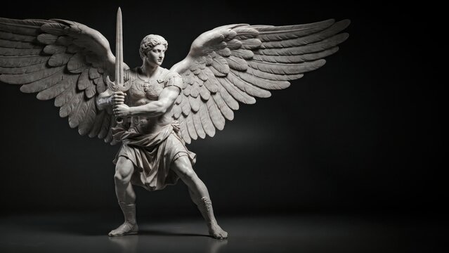 Classical marble angel statue holding sword, majestic winged warrior sculpture, divine guardian figure in dramatic lighting