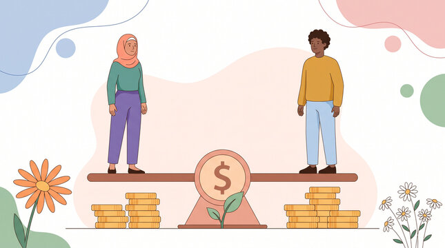 Two people balancing equal pay on a scale with differing coin stacks representing wage disparity with illustration two individuals with standing scale unequal, Gender Wage Gap