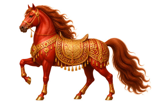 Red horse with golden saddle and tassels walking on white background