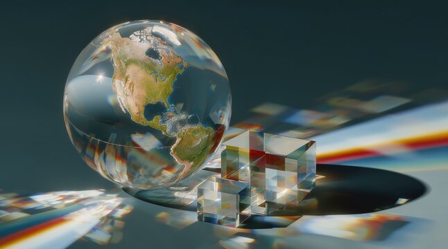 Global technology, transparent Earth globe and optical glass cubes represent worldwide communication, digital innovation and international data networks.