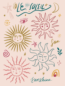 Artisanal boho-chic sun face vector set celestial le soleil lettering, star moon eye rainbow hand drawn space clipart collection childish bundle.