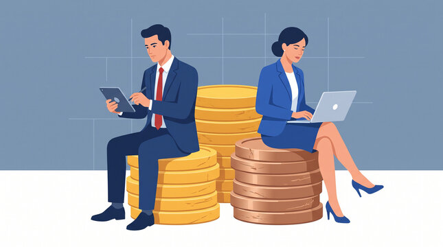 Professional man and woman reviewing financial data with differing coin stacks representing equal pay gap with Two professionals sit stacks coins while using digital devices Pay Day