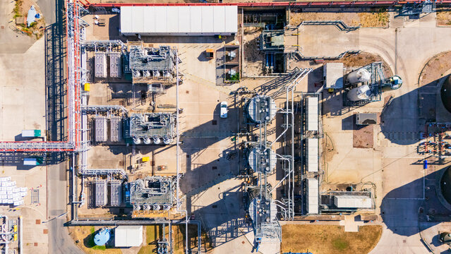 Bioenergy renewable fuel facility from above producing biogas with a Thermal Hydrolysis Plant, sustainable green energy infrastructure