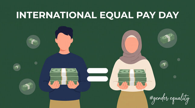 Two people holding equal cash bundles celebrating international equal pay day with equal financial representation illustration highlights equal individuals holding identical