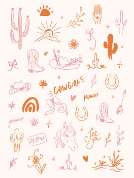 Doodle artisanal western cowgirl vector set boot hat cactus horse horseshoe bow desert cowboy, Arizona landscape included elements hand drawn clipart design collection wild moonchild hippie boho-chic
