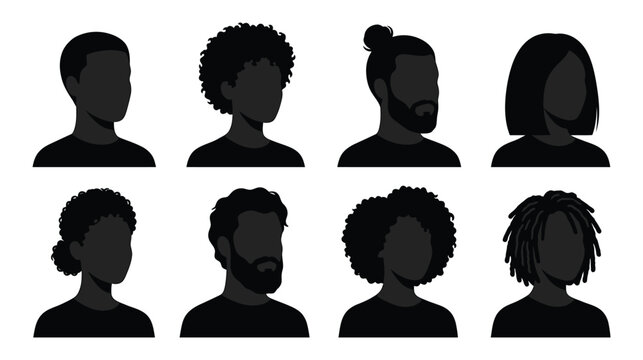 Set of diverse human head silhouettes featuring various hairstyles and facial features for profile picture design