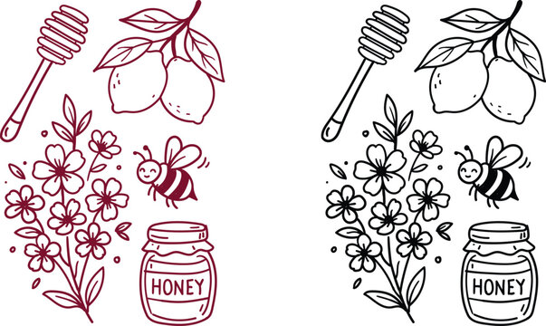 Hand drawn bee with flowers lemons and honey jar elements for sweet design