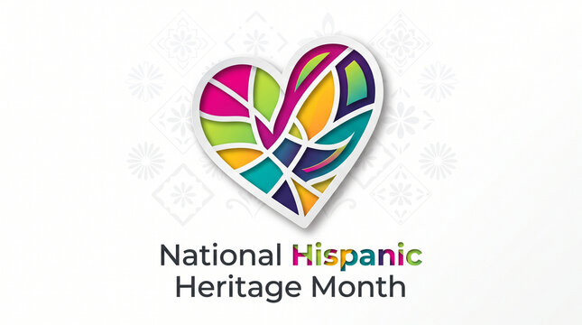Colorful heart graphic celebrating national hispanic heritage month with vibrant design with diverse cultural representation highlights celebration hispanic geometric patterns text