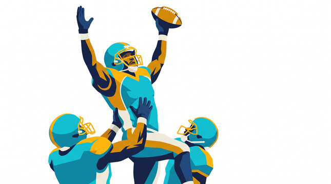 Team celebrating touchdown with raised arms on a football field  