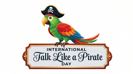 Naklejka premium Colorful parrot wearing a pirate hat perched on a decorative sign for International Talk Like a Pirate Day celebration with a fun and festive nautical graphic design