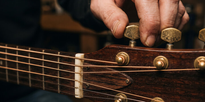 A close-up view of a hand carefully adjusting the tuning peg of a vintage acoustic guitar, highlighting the wooden headstock and strings.