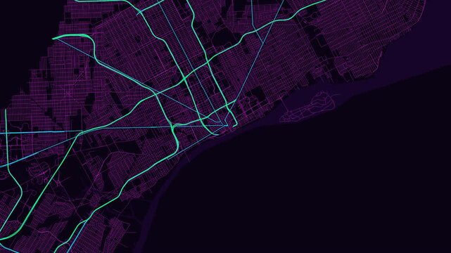 Detroit 4K Neon Map Animation - Urban Road Network and Infrastructure Growth