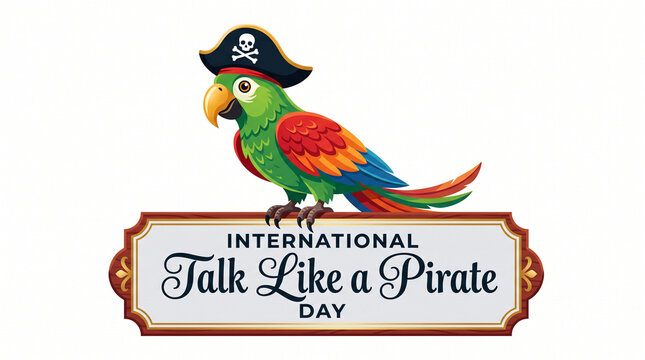 Colorful parrot wearing a pirate hat perched on a decorative sign for International Talk Like a Pirate Day celebration with a fun and festive nautical graphic design